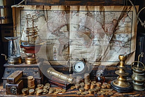 marine set for adveturers, old map, compass, wood, brass equipment, telescope