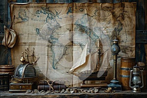 marine set for adveturers, old map, compass, wood, brass equipment, telescope