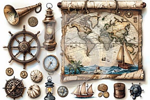 marine set for adveturers, old map, compass, wood, brass equipment, telescope