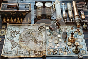 marine set for adveturers, old map, compass, wood, brass equipment, telescope