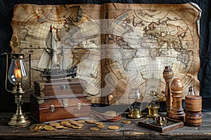 marine set for adveturers, old map, compass, wood, brass equipment, telescope