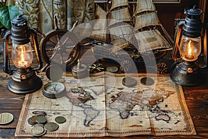 marine set for adveturers, old map, compass, wood, brass equipment, telescope