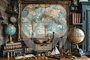 marine set for adveturers, old map, compass, wood, brass equipment, telescope