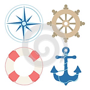 marine set with anchor, lifebuoy, compass and ship wheel