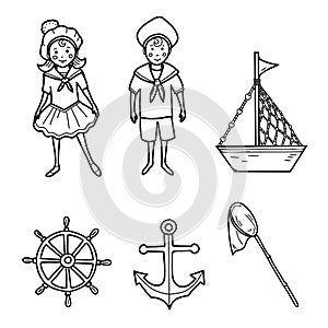 Marine Set of little Sailor Boy and Girl, cute Ship, Boat and Steering wheel. Anchor and Fishing Net isolated