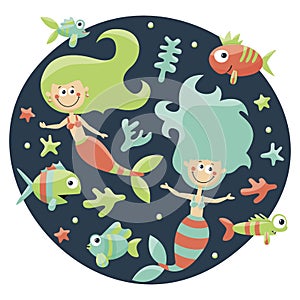 Marine set mermaids, fishes, algae, starfish, coral, seabed