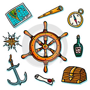 Marine set. Shipboard equipment on a white background. Trunk, helm, map, scroll, compass, wind rose, rum bottle