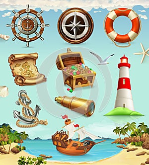 Marine set, summer vacation vector icons