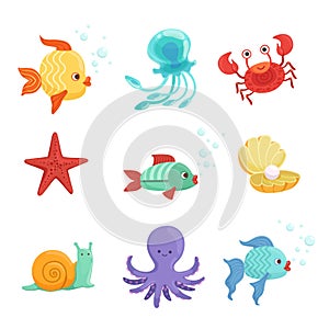 Marine set with underwater plants and sea fishes in cartoon style. Vector illustrations set