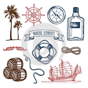 Marine set. Vector hand sketched sea illustrations. Vintage pirate adventures signs. Maritime design collection.