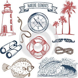 Marine set. Vector hand sketched sea illustrations. Vintage pirate adventures signs. Maritime design collection.