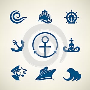 Marine set of vector logo ship, wave, ship captain, lighthouse, anchor and helm.