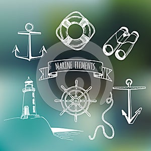 Marine set. Vector nautical elements. Hand sketched sea illustrations. Maritime design collection. Naval drawing series.