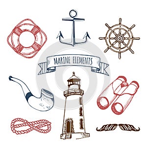 Marine set. Vector nautical elements. Hand sketched sea illustrations. Maritime design collection. Naval drawing series.