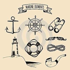 Marine set. Vector nautical elements. Hand sketched sea illustrations. Maritime design collection. Naval drawing series.