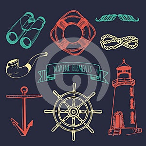 Marine set. Vector nautical elements. Hand sketched sea illustrations. Maritime design collection. Naval drawing series.