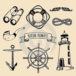 Marine set. Vector nautical elements. Hand sketched sea illustrations. Maritime design collection. Naval drawing series.