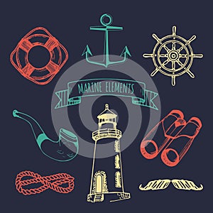 Marine set. Vector nautical elements. Hand sketched sea illustrations. Maritime design collection. Naval drawing series.