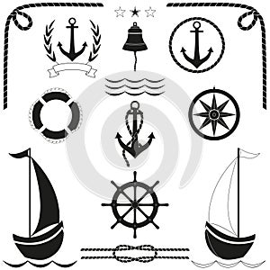 Marine silhouette icons set. Black sign of nautical. Vector.