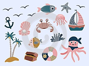 Marine stickers. Crab boat and shell with pearls. vector illustration