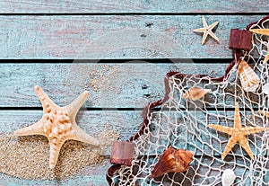 Marine still life on rustic wooden boards