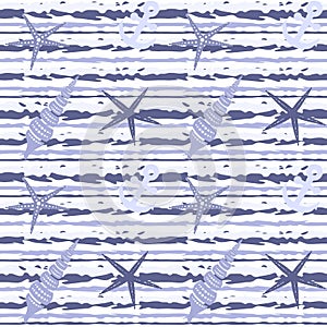 Marine seamless pattern with seashells, starfish and anchors