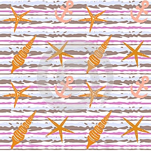 Marine seamless pattern with seashells, starfish and anchors