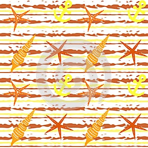 Marine seamless pattern with seashells, starfish and anchors