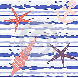 Marine striped seamless pattern with seashells, starfish and anchors. Vector