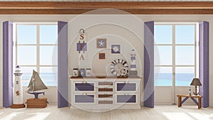 Marine style, living room with wooden and rattan chest of drawers in white and purple tones. Panoramic windows with sea landscape photo