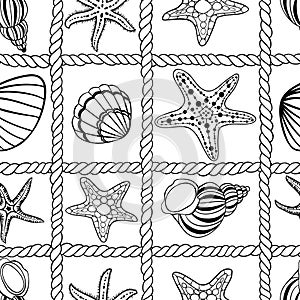 Marine summer vector seamless pattern with ropes, starfish and seashells black and white illustration