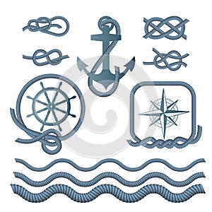 Marine symbols - a compass, an anchor, a rope knot, a rope.