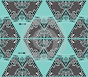 Marine Theme Pattern Vector. Abyss Fish. Vector Seamless Pattern With Doodle Tribal Fishes And Arrows.