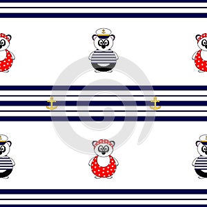 Marine themed seamless vector pattern, with panda bear in bathing suit and captains hat and blue stripes