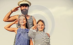 Marine tour. Sea cruise. Handsome bearded sailor with kids. Travel around world. Travel by sea. Summer travel concept