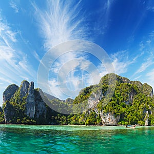 Marine tropical landscape with limestone cliffs. Thailand