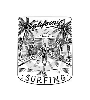 Marine tropical landscape with surfboards against the backdrop of sunset and palm trees.. Surf badge. Retro Wave