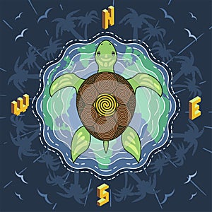 Marine turtle inside the compass on blue mosaic island water background