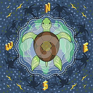 Marine turtle inside the compass on blue mosaic island water background