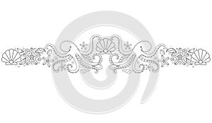 Marine vector linear divider with octopuses, starfish, shells and pearls. Symmetrical horizontal border for coloring on the ocean