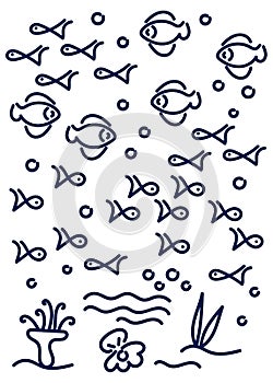 Marine vector pattern. Doodle Cute fish, seaweed and shell with a pearl. Outline style. It can be used for menus, price lists,