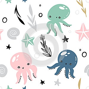 Marine vector seamless pattern with cute octopuses, seaweed and shells. Doodle style, hand drawn. Item for your design.