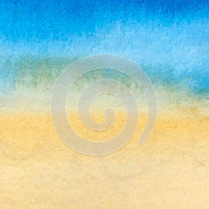Marine watercolor background: sea, beach, ocean, coastline, blue and yellow, sand and sea, waves, shore, surf, sea foam