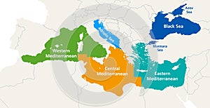 Mediterranean Sea and the Black Sea marine waters, geographic subregions map