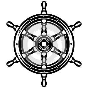 Marine wooden steering wheel from a ship, consisting of six spokes. Monochrome vector illustration. Template or element for design