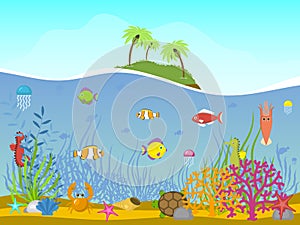 Marine world background vector illustration. Underwater elements, seaweed sand and moss, jellyfish, sea horse and