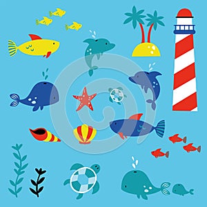 Marinelife children style illustration set