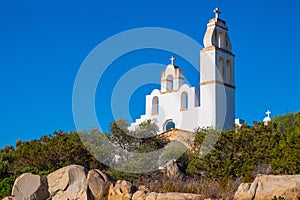 Marinella, Sardinia, Italy - Panoramic view of Marinella Church - Chiesa di Marinella - at Borgo Marana hill over Golfo di