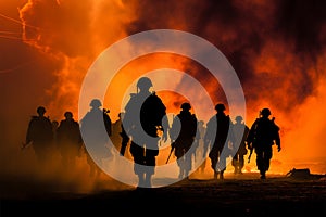 Marines in action, silhouetted by a fiery sunset, advance through smoke