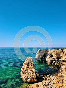 Marinha beach in the Algarve Portugal. Cliffs and caves.